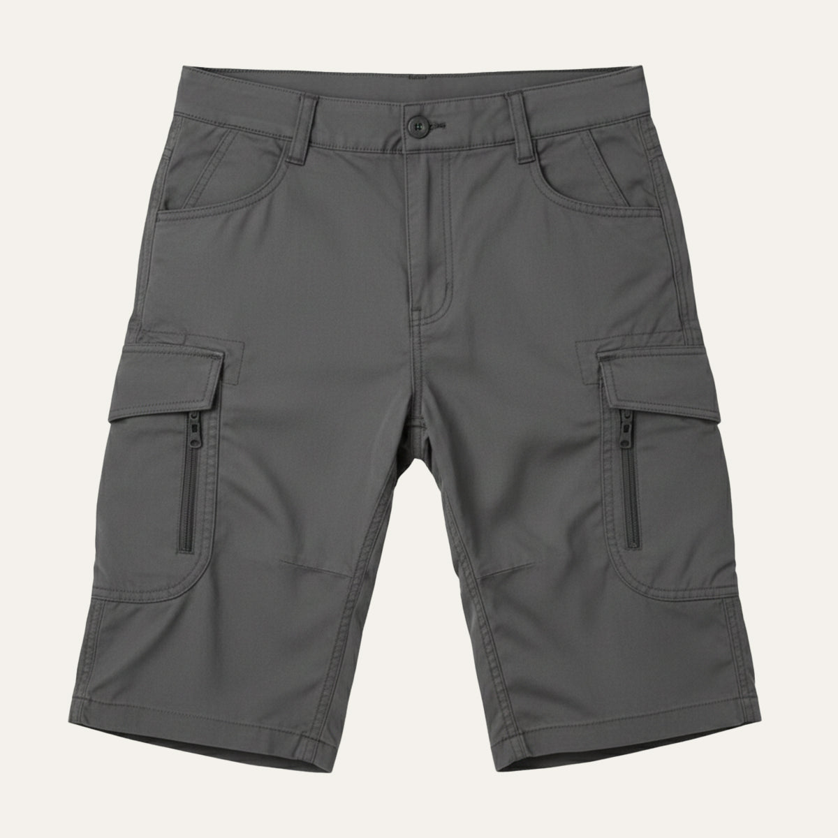 Dark gray tactical cargo shorts with belt, zip pockets, and flap cargo pockets