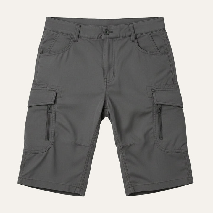 Dark gray tactical cargo shorts with belt, zip pockets, and flap cargo pockets
