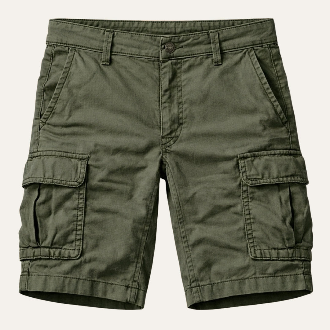 Back pocket detail of khaki men tactical cargo shorts with reinforced stitching