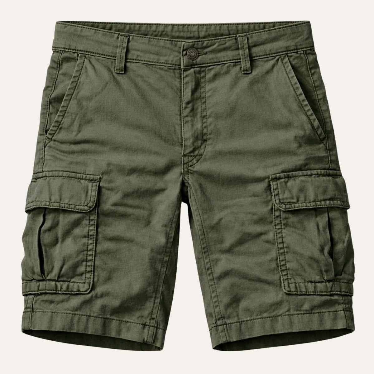 Back pocket detail of khaki men tactical cargo shorts with reinforced stitching
