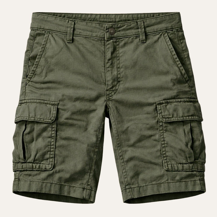 Back pocket detail of khaki men tactical cargo shorts with reinforced stitching