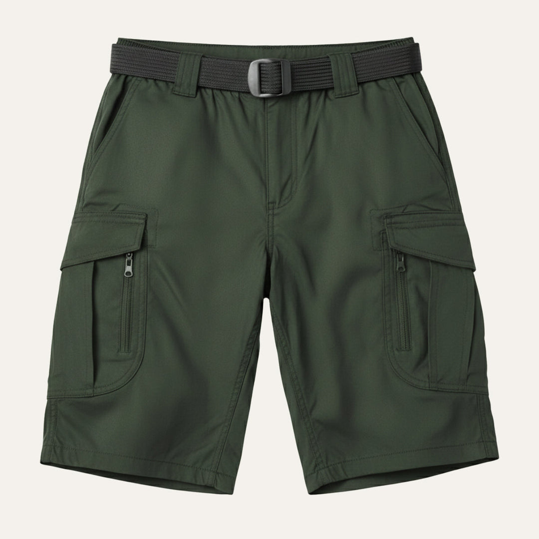 Dark green tactical cargo shorts with belt, zip side pockets, and roomy cargo pockets