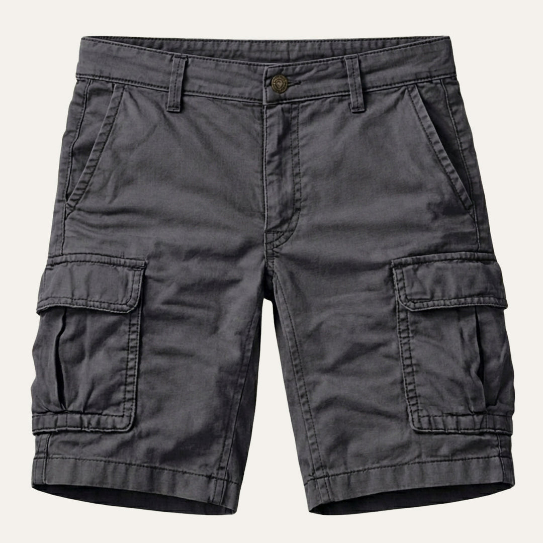 Men tactical cargo shorts in olive green worn with belt, front model view