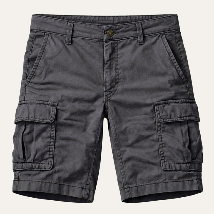 Men tactical cargo shorts in olive green worn with belt, front model view