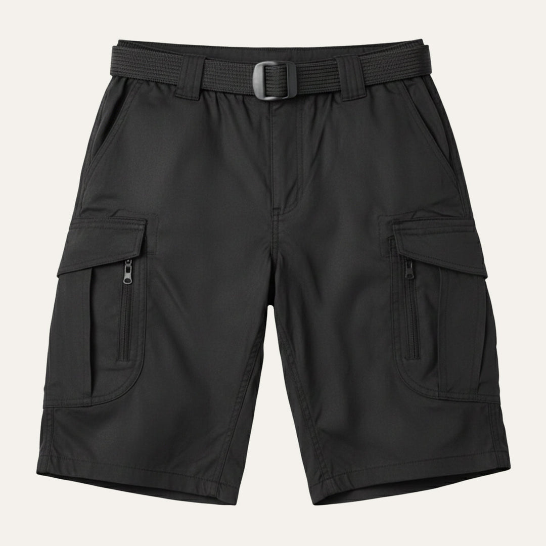 Black tactical cargo shorts with belt, zip pockets, and flap cargo pockets
