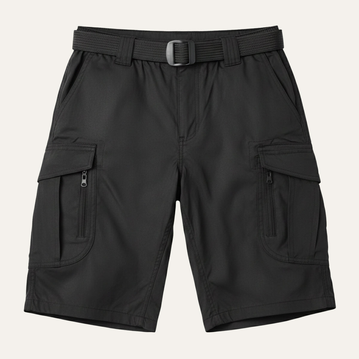 Black tactical cargo shorts with belt, zip pockets, and flap cargo pockets