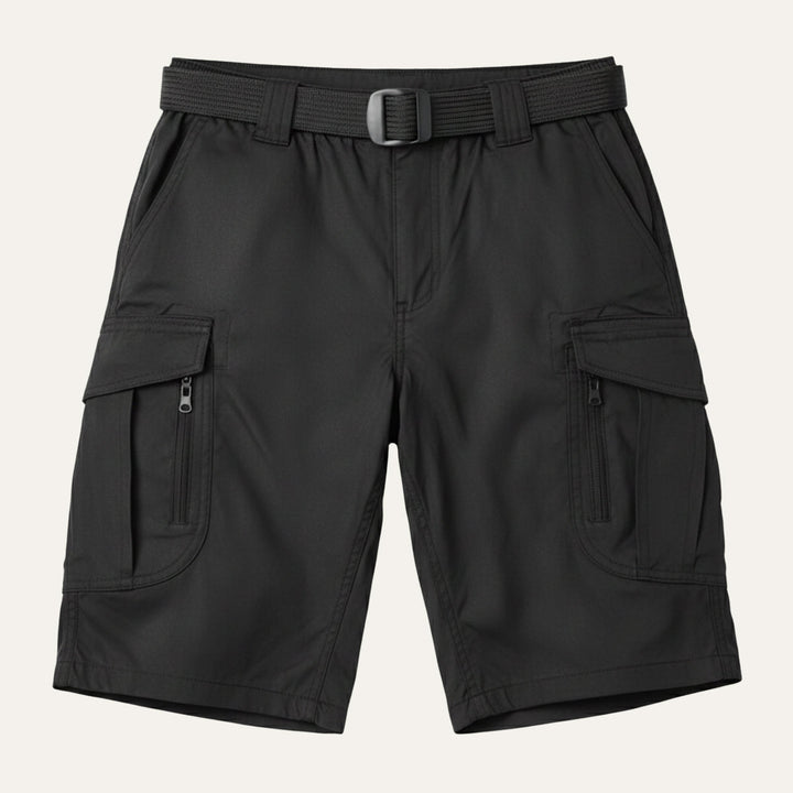 Black tactical cargo shorts with belt, zip pockets, and flap cargo pockets