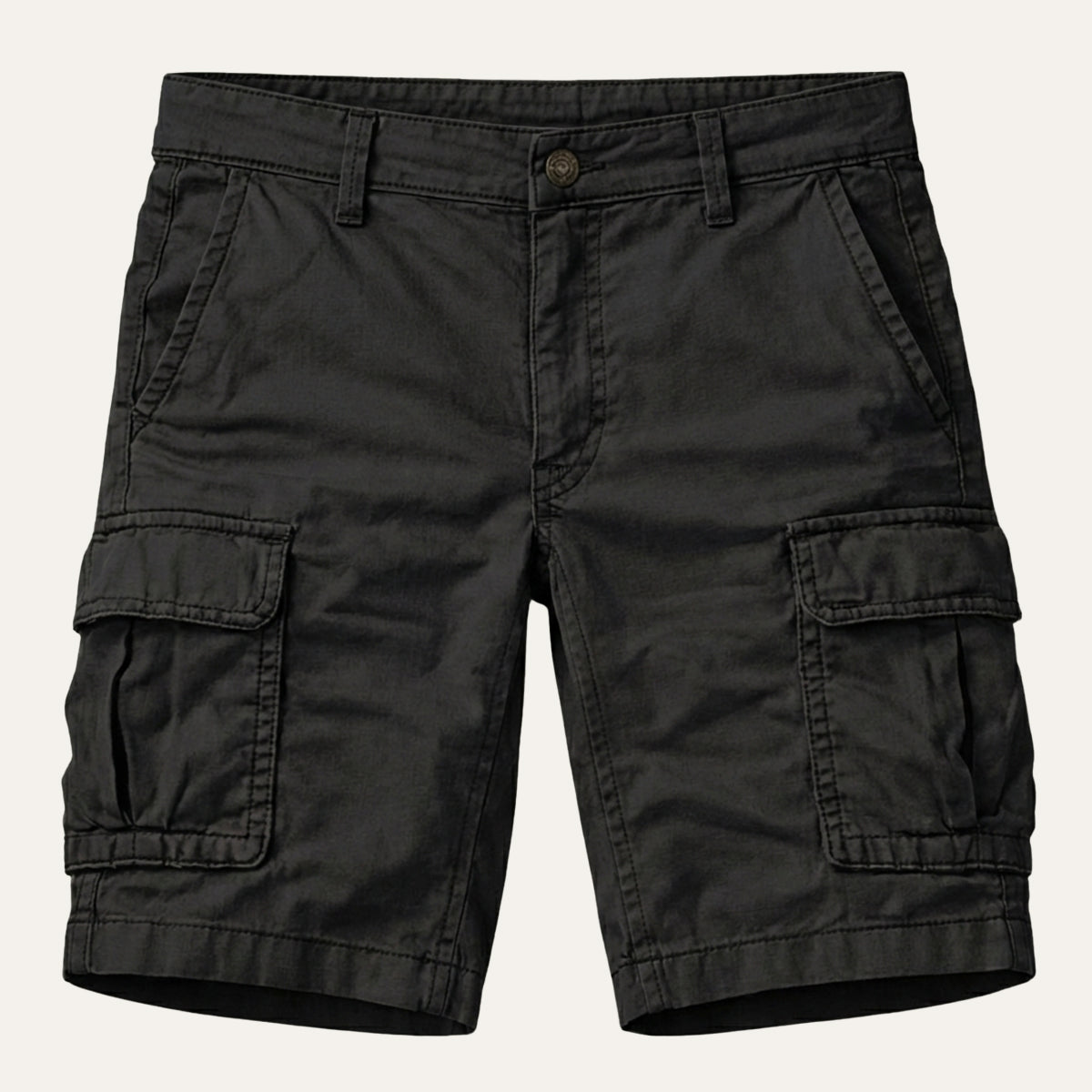 Charcoal gray tactical cargo shorts with flap pockets, front view on white background