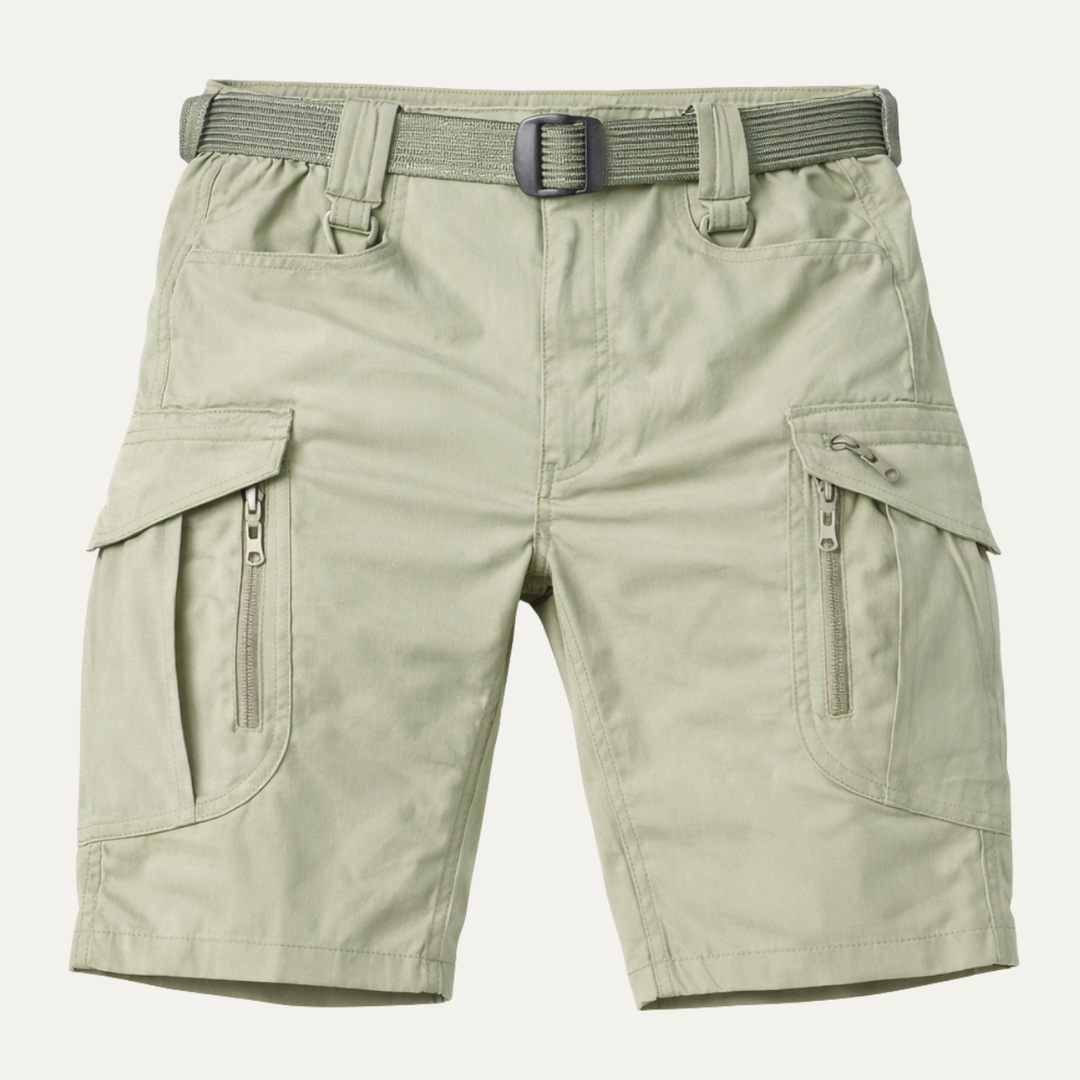 Light khaki tactical cargo shorts with belt, zip pockets, and flap side pockets