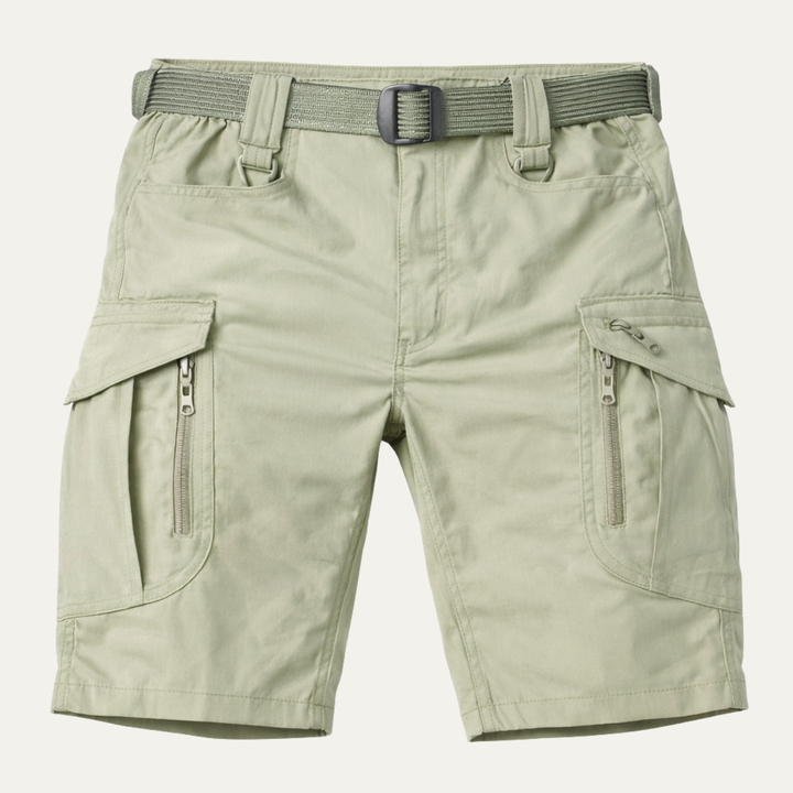 Light khaki tactical cargo shorts with belt, zip pockets, and flap side pockets