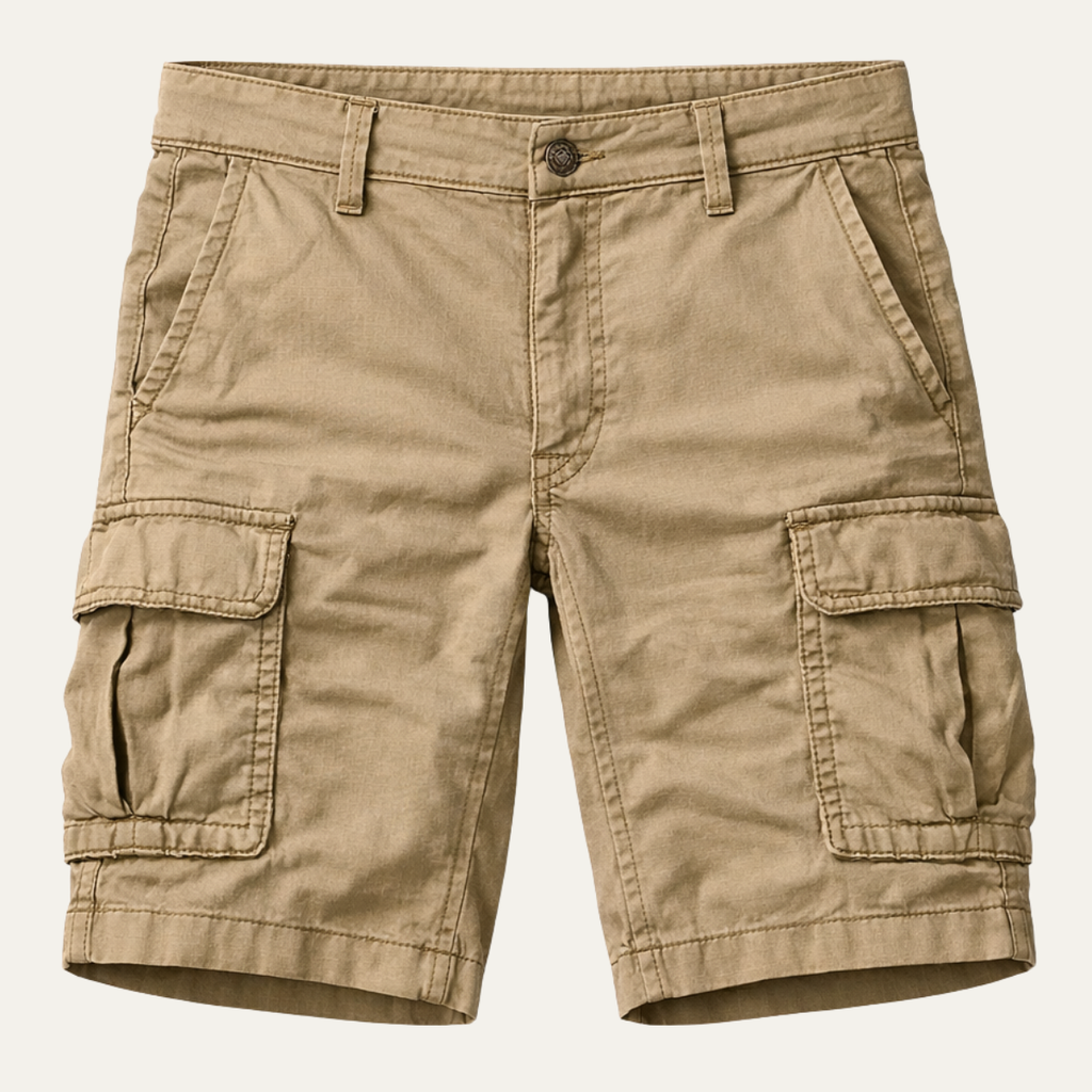 Khaki tactical cargo shorts with flap pockets, front view on white background