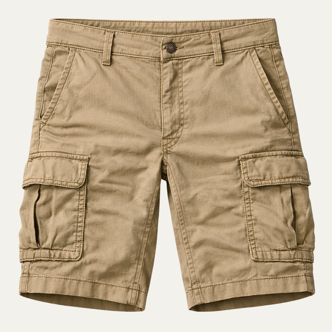 Khaki tactical cargo shorts with flap pockets, front view on white background