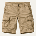 Khaki tactical cargo shorts with flap pockets, front view on white background