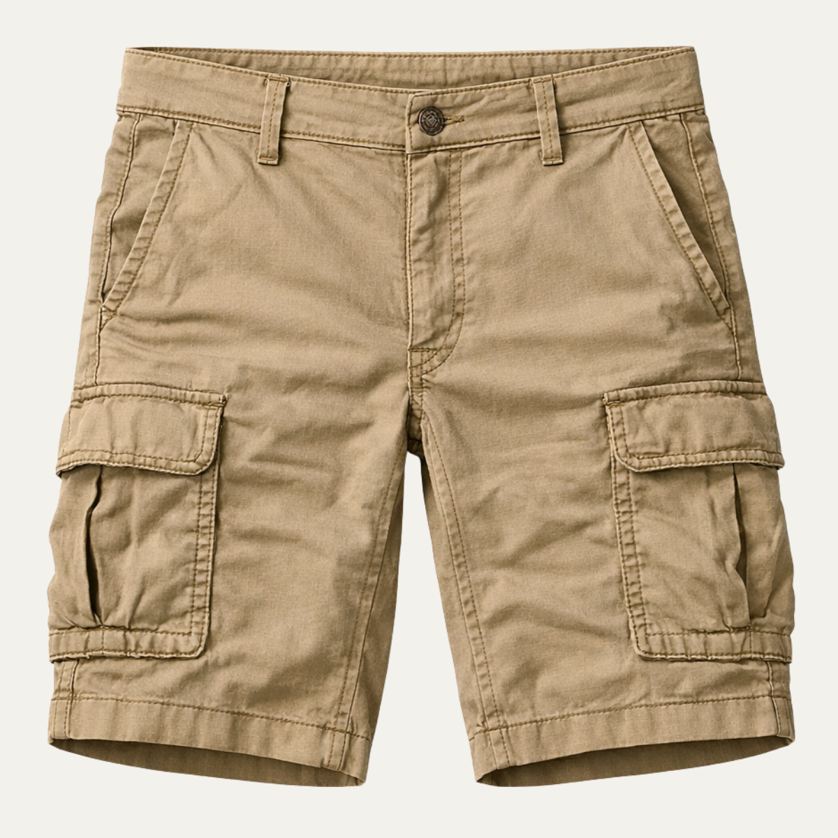 Khaki tactical cargo shorts with flap pockets, front view on white background