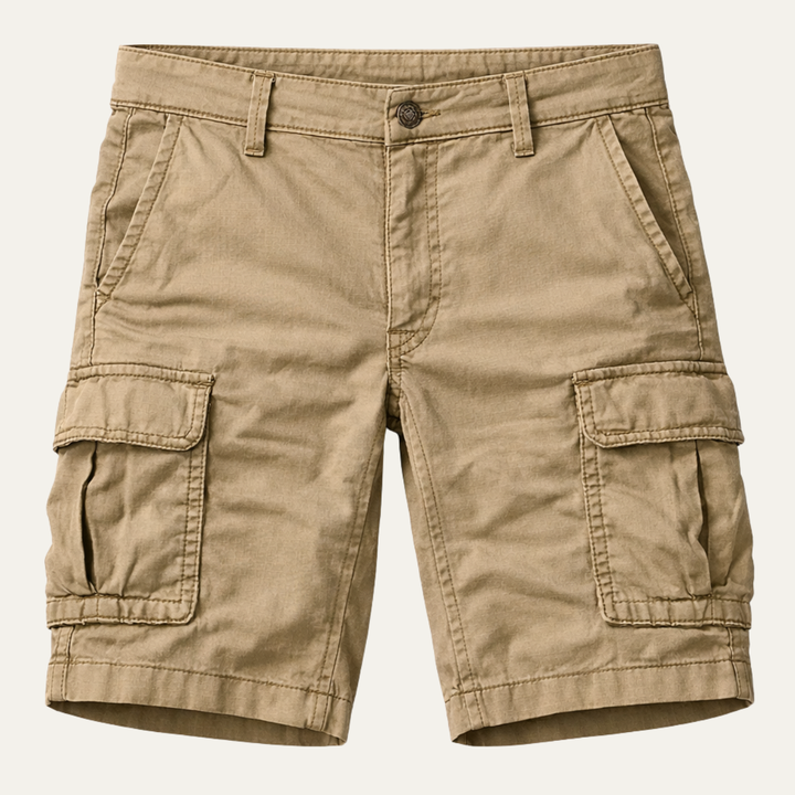 Khaki tactical cargo shorts with flap pockets, front view on white background