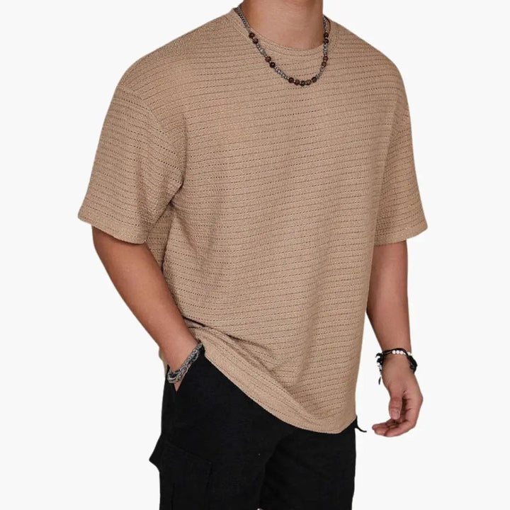 Tan textured crew neck short sleeve t-shirt with soft knit look and loose fit
