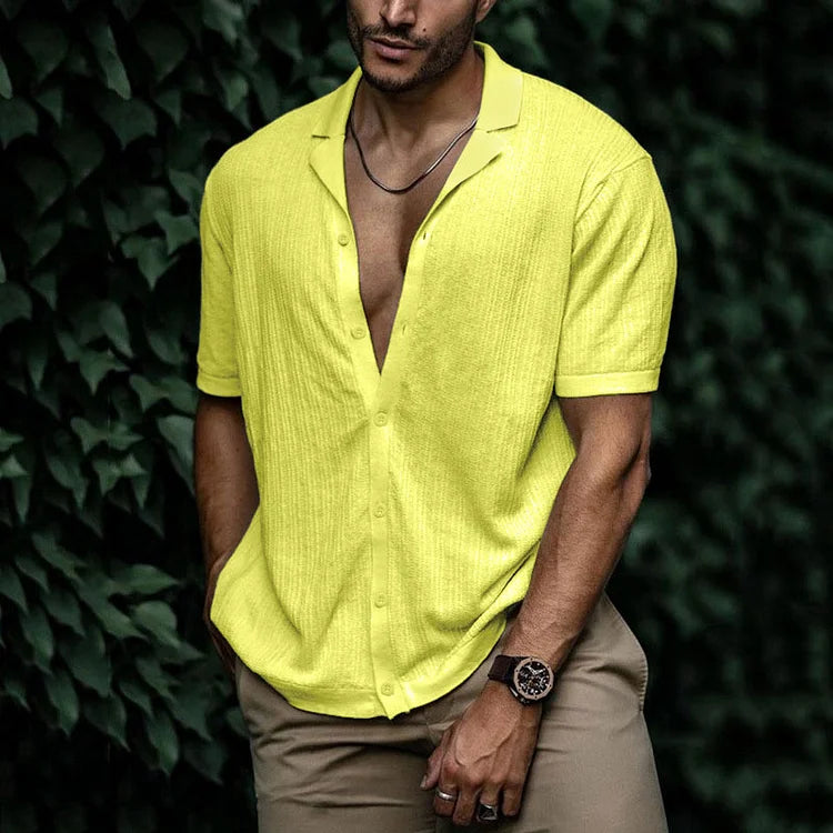 Men's neon yellow textured short sleeve Cuban collar shirt with open chest and button front