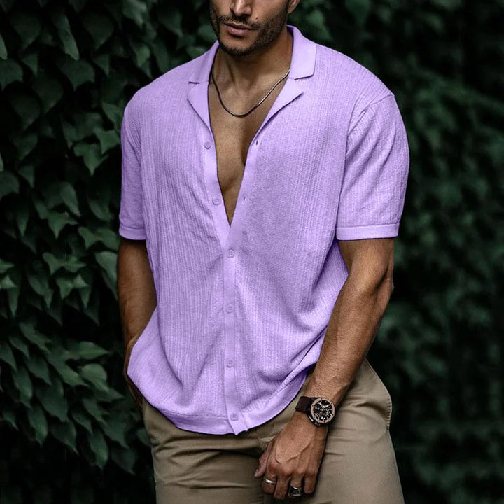 Lavender textured short sleeve Cuban collar shirt with soft drape and open chest styling