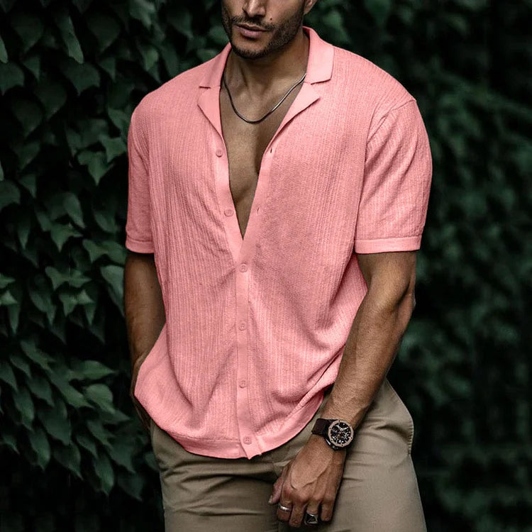 Pink textured short sleeve Cuban collar shirt with button front and rolled sleeve detail