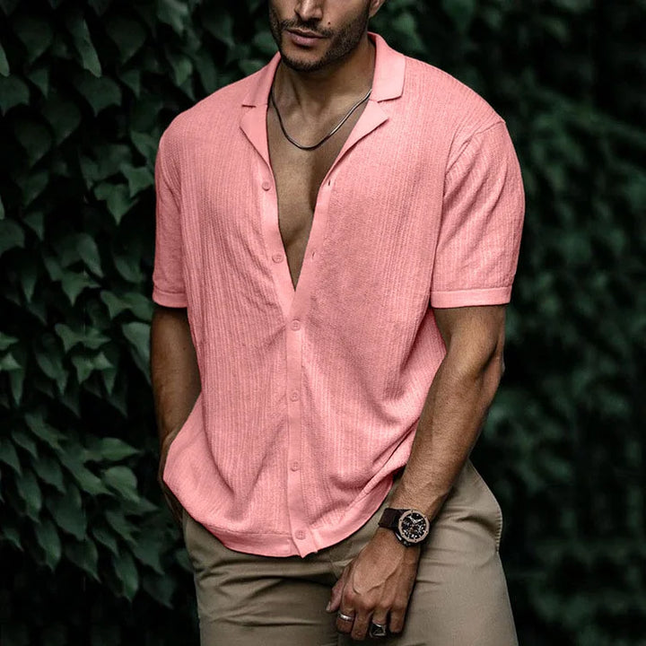 Pink textured short sleeve Cuban collar shirt with button front and rolled sleeve detail