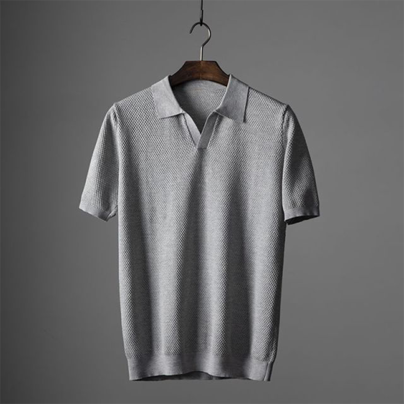 Gray textured V neck short sleeve polo shirt with classic collar on hanger