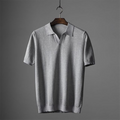 Gray textured V neck short sleeve polo shirt with classic collar on hanger