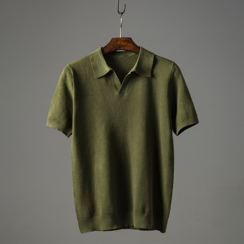 Olive green textured V neck short sleeve polo shirt with ribbed collar and cuffs