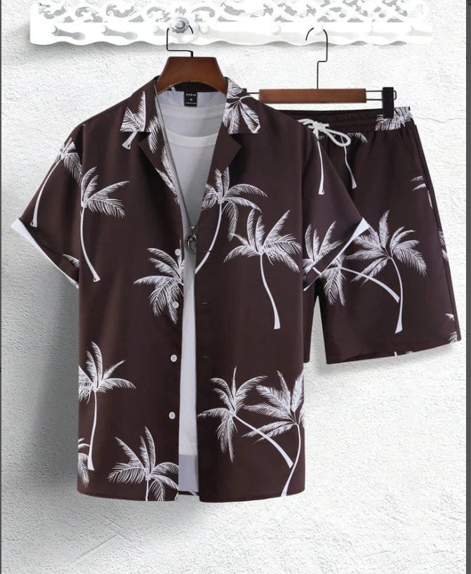 Brown tropical palm print short sleeve shirt and matching shorts set with white palm leaves