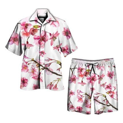 White floral short sleeve shirt and matching shorts set with pink blossoms and branch print