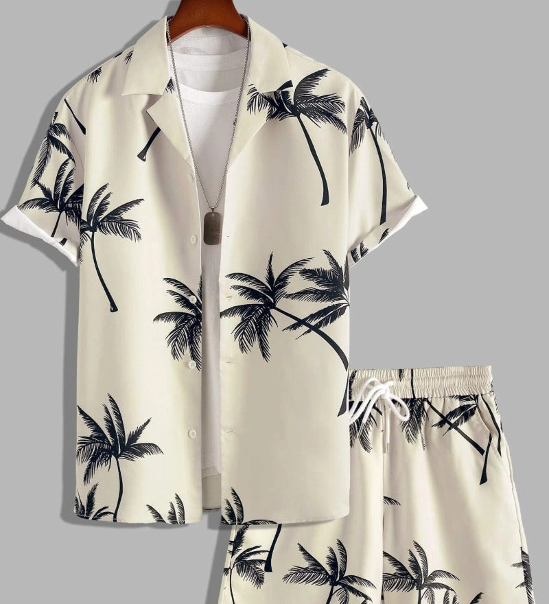 Cream tropical palm print short sleeve shirt and matching shorts set with black leaf pattern