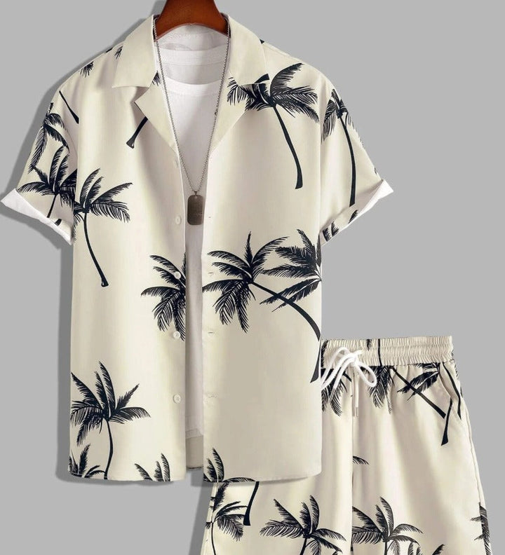 Cream tropical palm print short sleeve shirt and matching shorts set with black leaf pattern