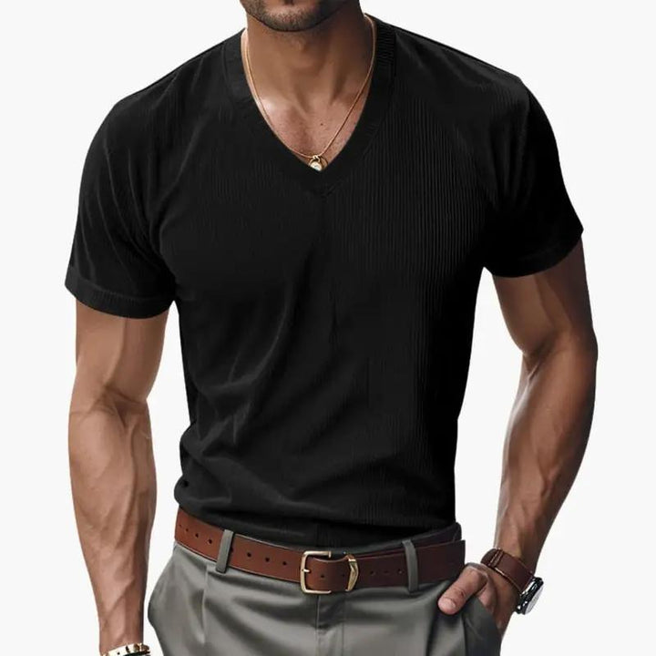 Black ribbed V neck short sleeve T shirt for men styled with a fit