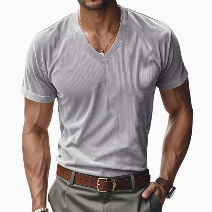 Light gray ribbed V neck short sleeve T shirt for men with textured finish