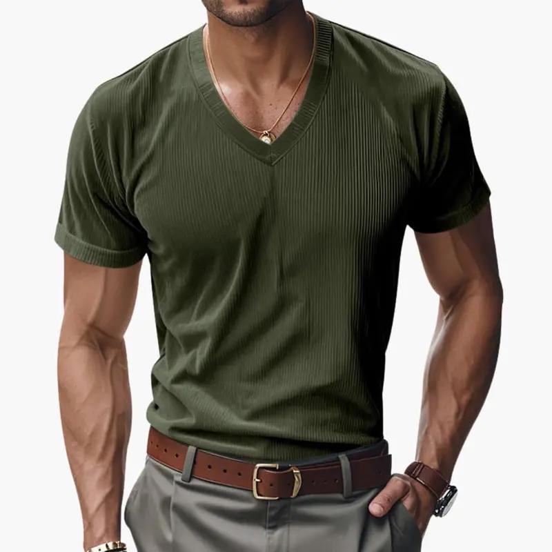 Olive green ribbed V neck short sleeve T shirt for men in a casual fitted cut