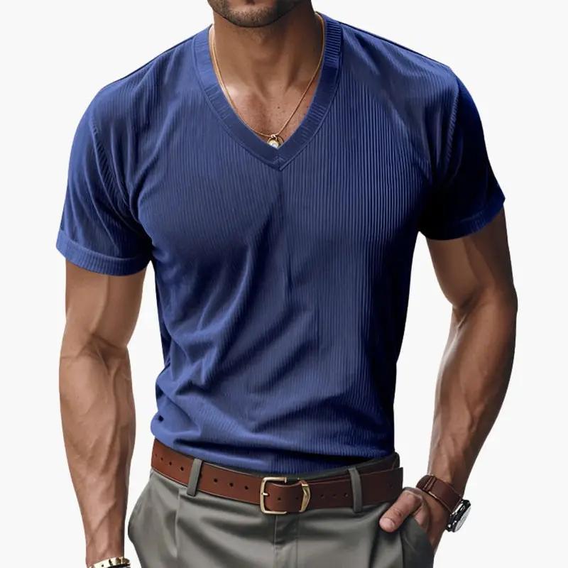 Blue ribbed V neck short sleeve T shirt for men with soft stretch fabric
