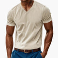 Beige ribbed V neck short sleeve T shirt for men with fitted casual style
