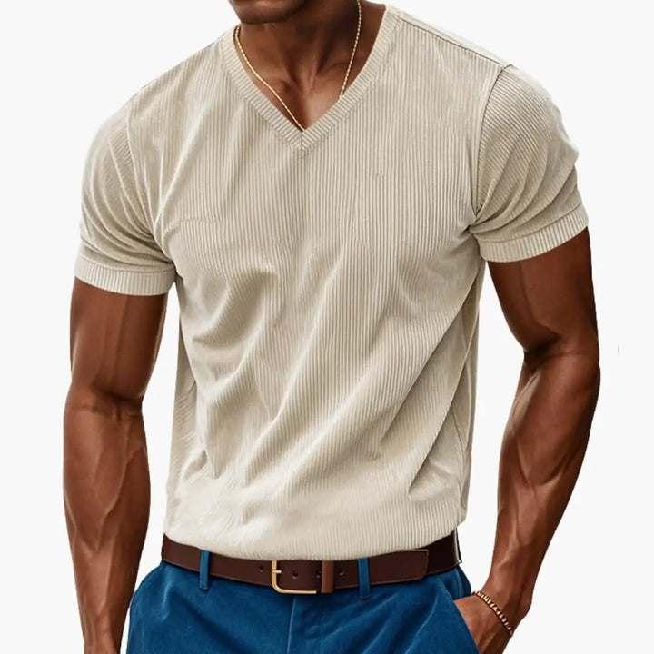 Beige ribbed V neck short sleeve T shirt for men with fitted casual style