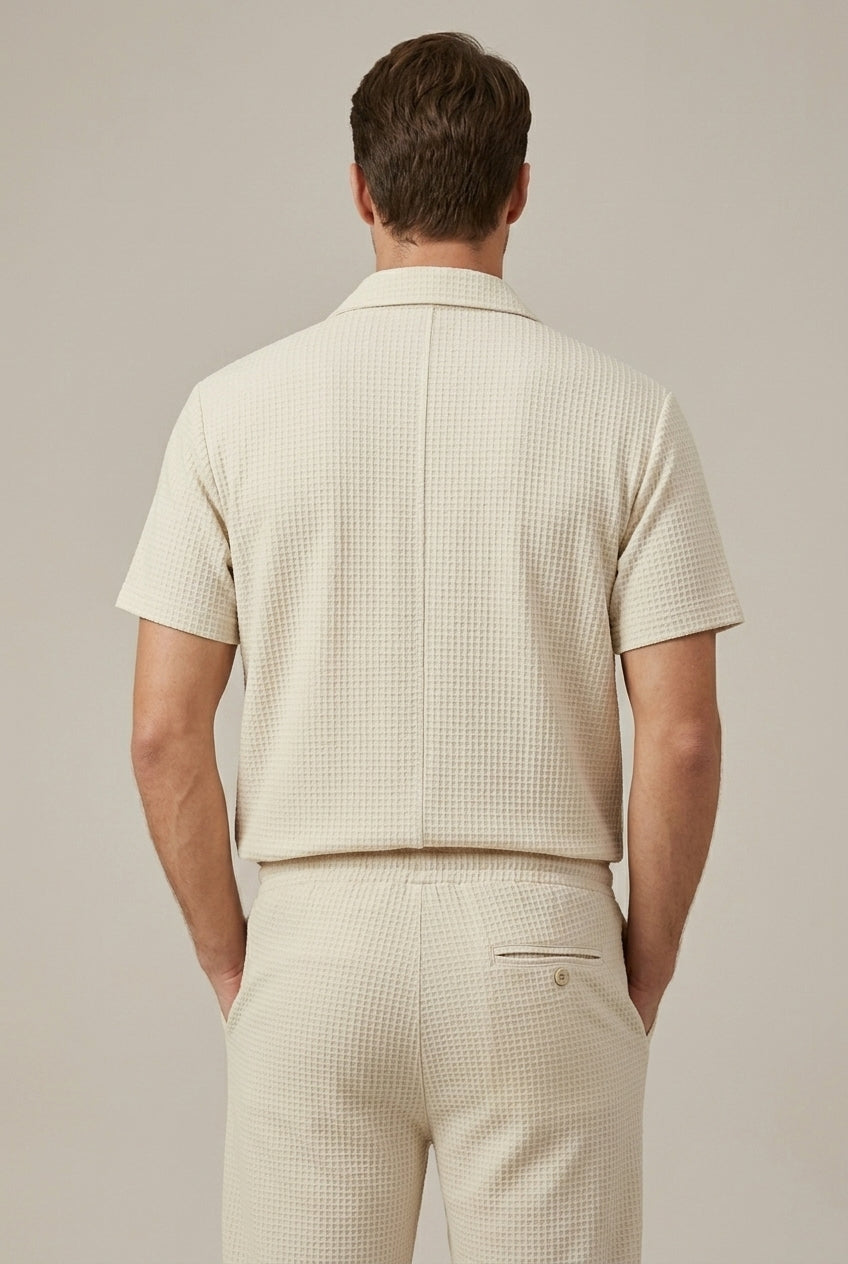 Back view of beige waffle knit summer shirt and pants set with short-sleeve top