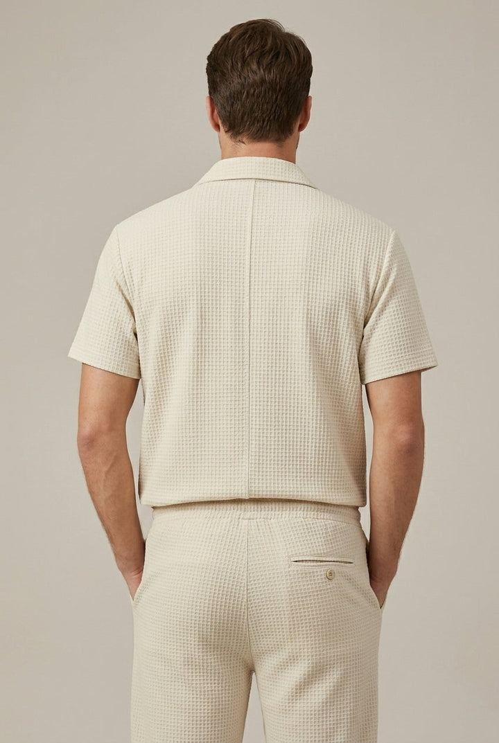 Back view of beige waffle knit summer shirt and pants set with short-sleeve top