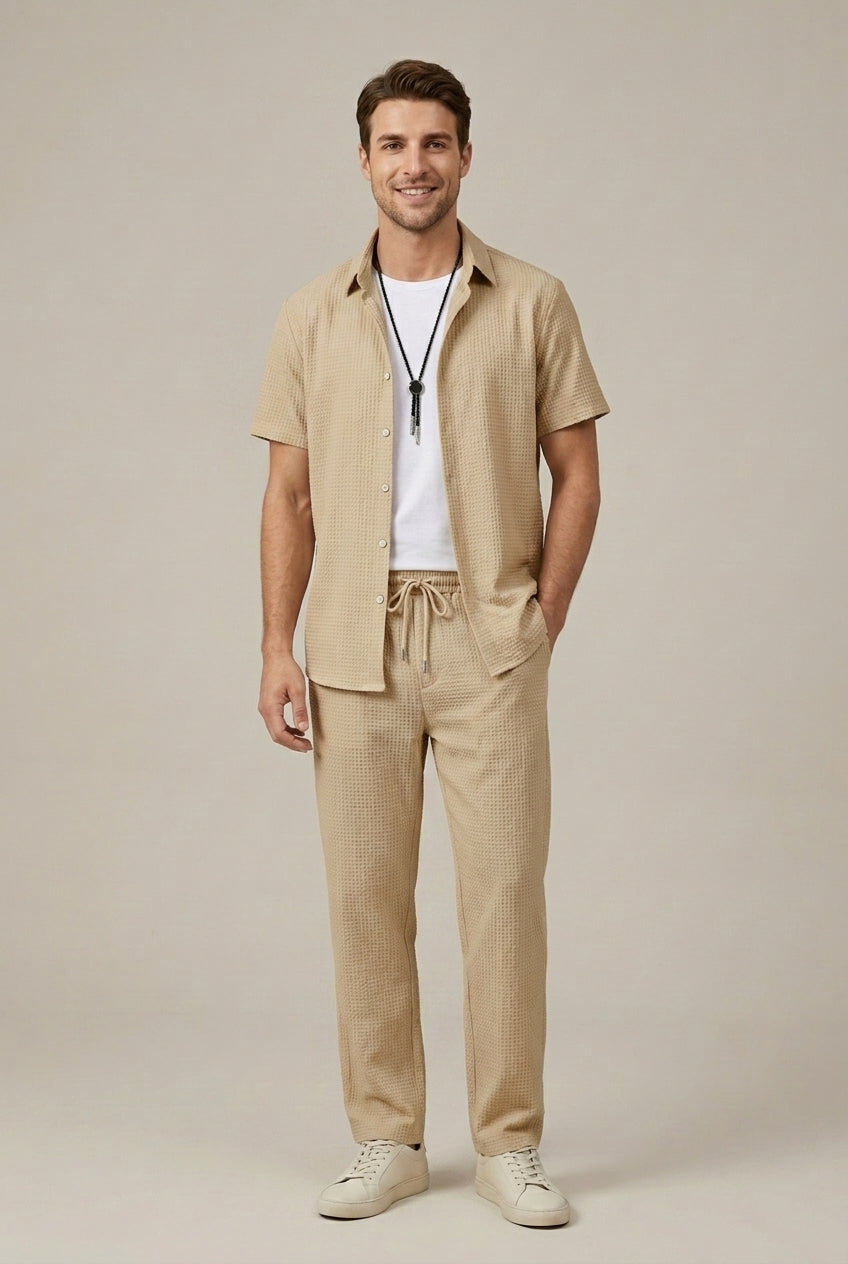 Tan waffle knit shirt and pants set for men with short sleeves and relaxed fit