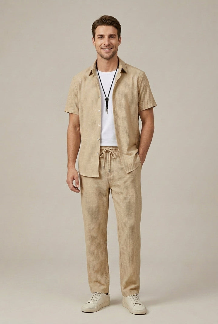 Tan waffle knit shirt and pants set for men with short sleeves and relaxed fit