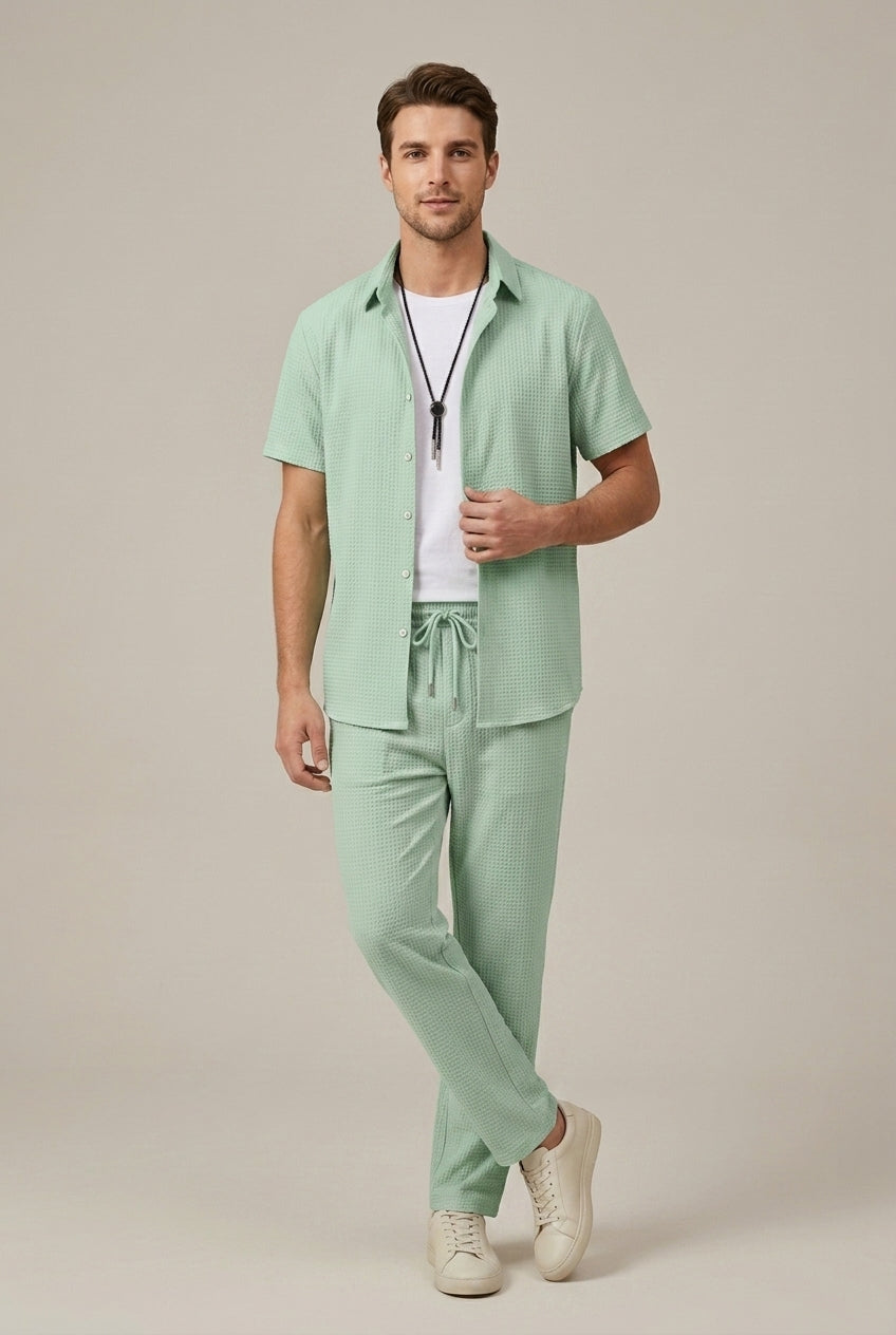 Mint green waffle knit summer shirt and pants set with drawstring waist and short sleeves
