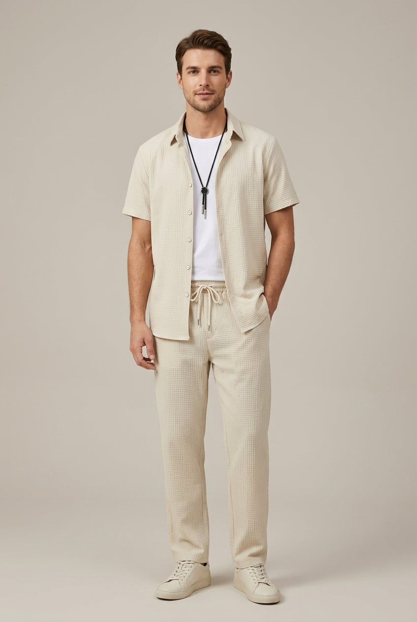 Beige waffle knit summer shirt and pants set with short sleeves and drawstring trousers