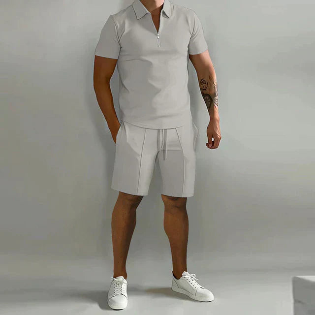 Light gray zip polo shirt with matching shorts in a men's casual summer set
