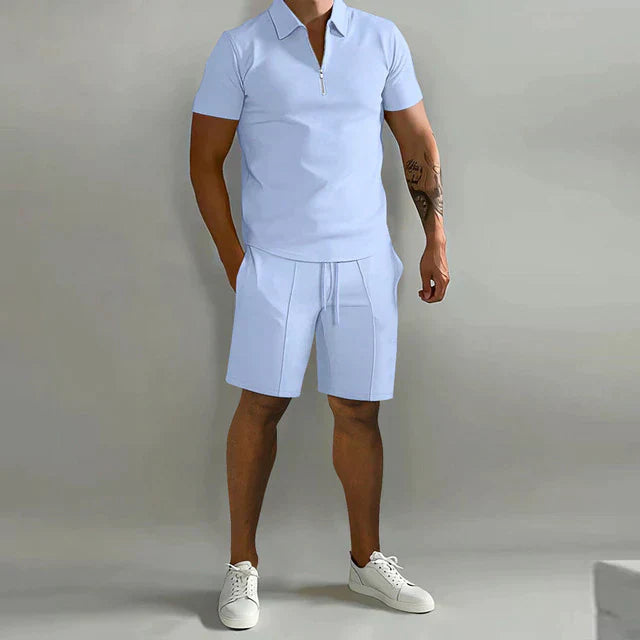Light blue zip polo shirt and shorts set for a relaxed men's summer outfit