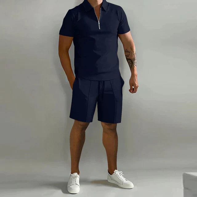 Navy zip polo shirt and matching shorts set for men's casual summer wear