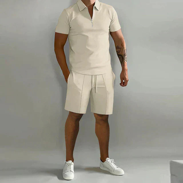 Beige zip polo shirt with matching shorts for a men's summer casual set