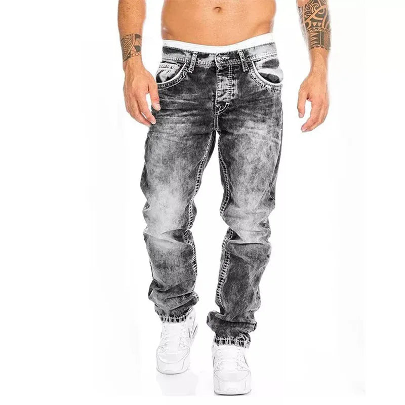 Gray black vintage wash wide leg jeans with relaxed fit and stacked hems