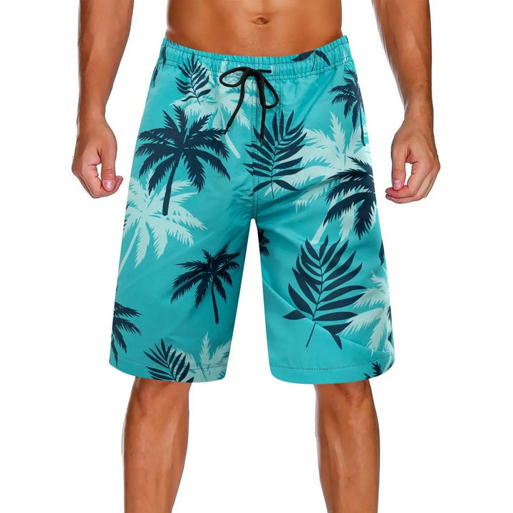 Front view of men's palm print swim shorts with drawstring waist and knee-length beach style