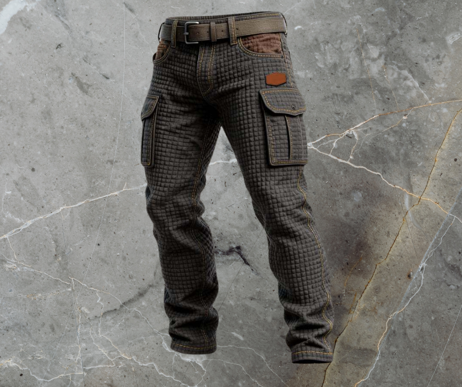 Black quilted texture cargo jeans with flap pockets and brown belt on stone background